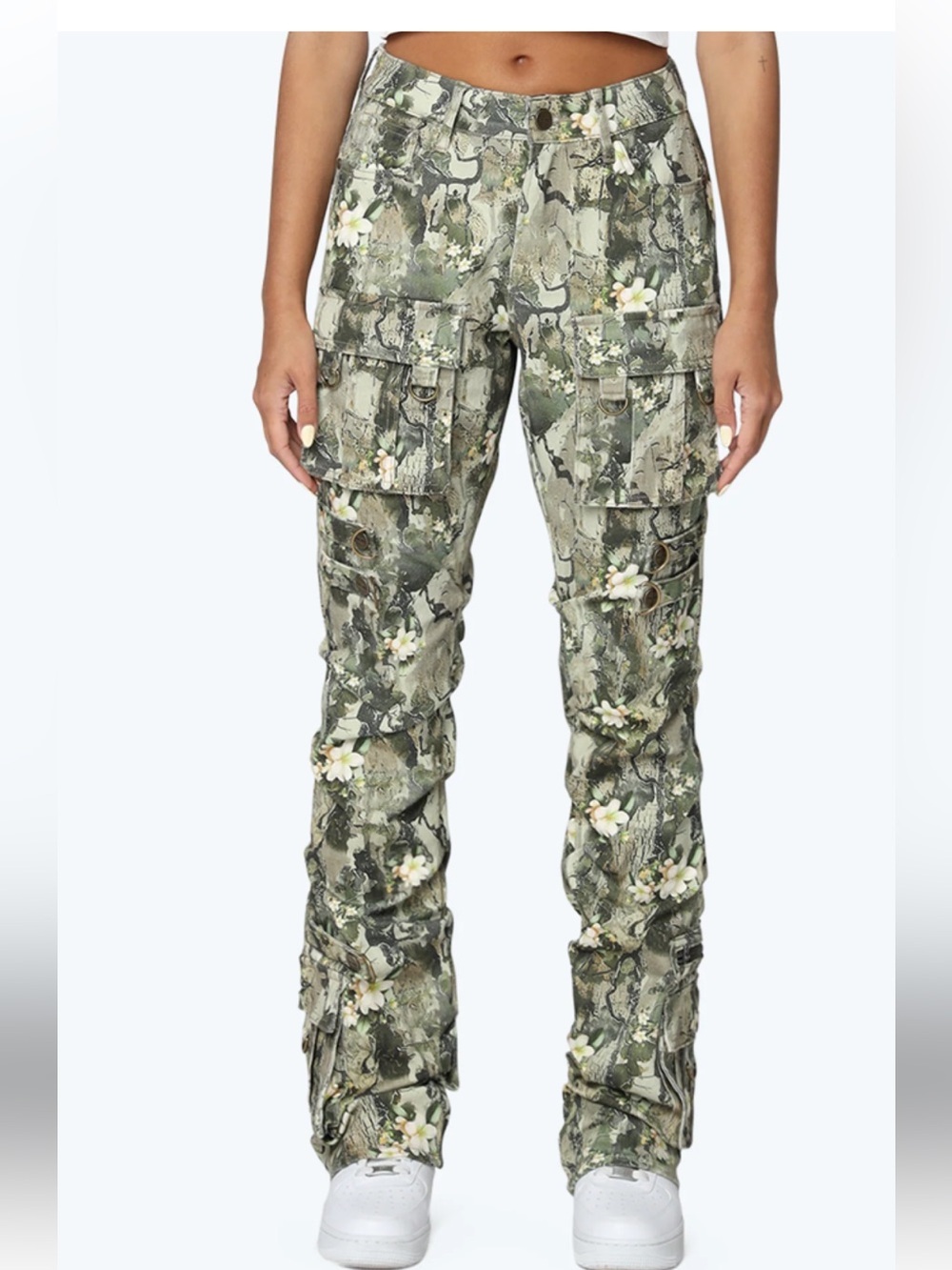 Floral Camo Cargo Jeans for Women - Green